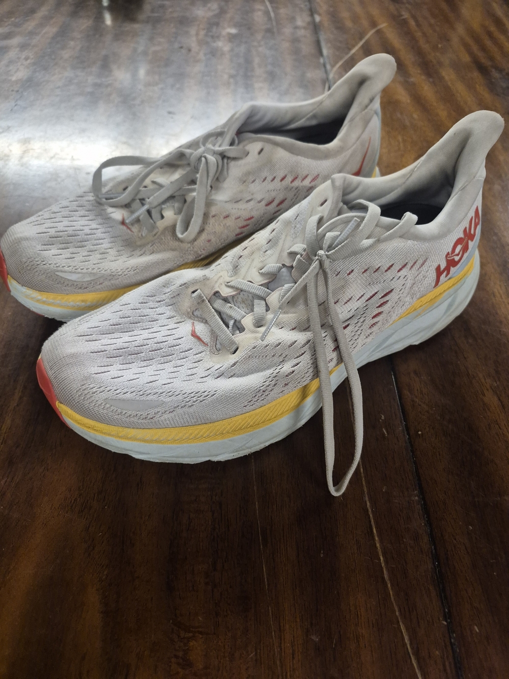 Hoka Men's Running Shoes in Light Gray, Yellow & Red Accents